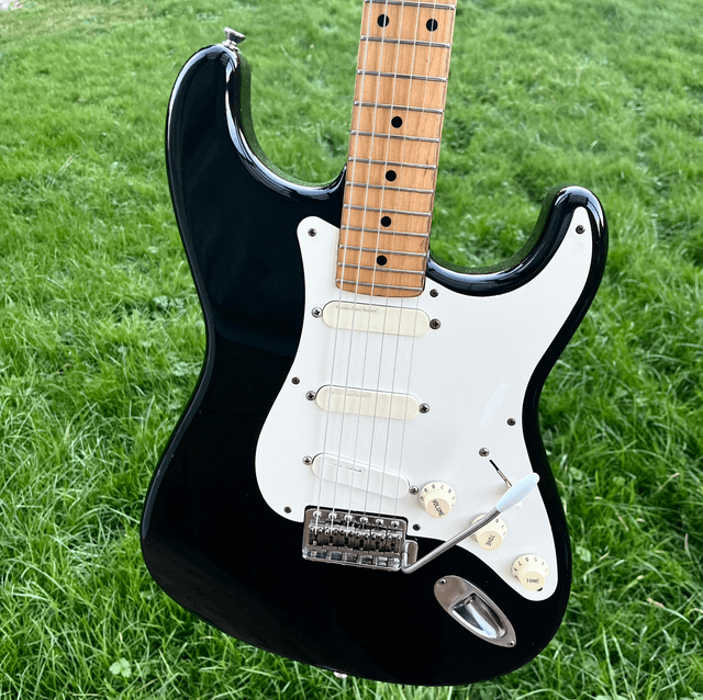 RARE 1994 Fender Japan ... ORDER MADE ... Stratocaster (Eric Clapton "Blackie" CUSTOM SHOP Specs: Lace Sensor, V shape Neck, 25 dB Mid Boost, ...)